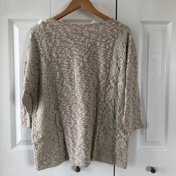 Chico’s Tan 3/4 Sleeve Lace Overlay Sweater - Picture 2 of 11